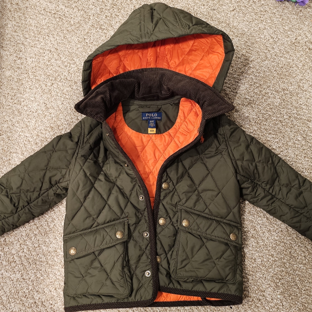 Polo by Ralph Lauren Kids Quilted Green Jacket with Orange Lining